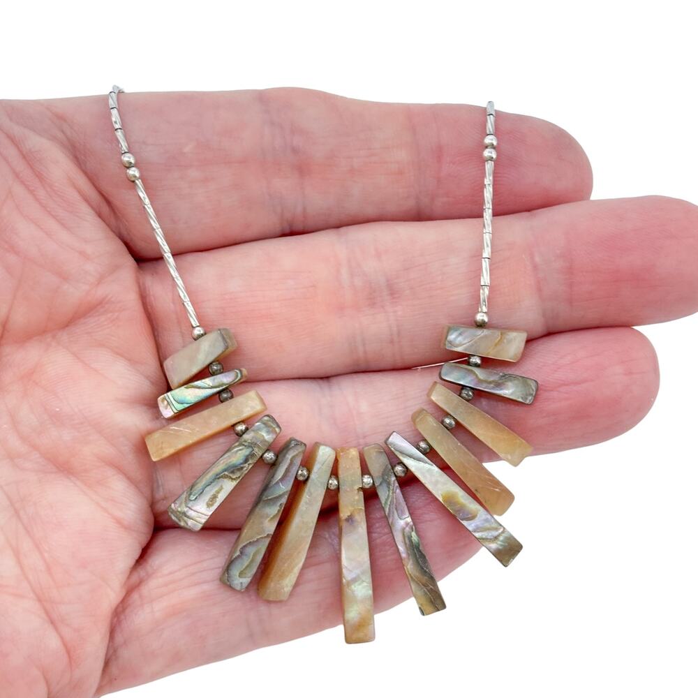 Vintage Sterling Silver 925 Abalone Shell Bib Necklace 18.5"